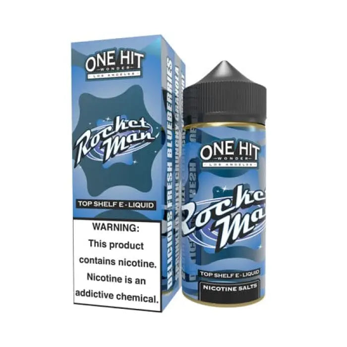 E-liquid bottle and packaging for a vaping product called ’One Hit Wonder Rocket Man’.