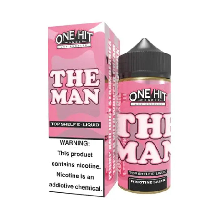 Pink e-liquid bottle and packaging labeled ’THE MAN’ from the ’ONE HIT’ brand.