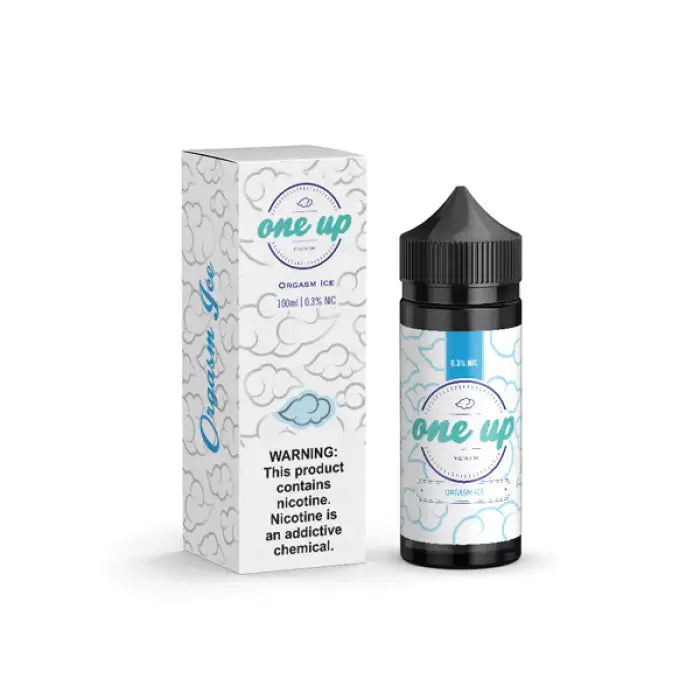 E-liquid bottle with packaging for a product called ’One Up’ in blue and white colors.