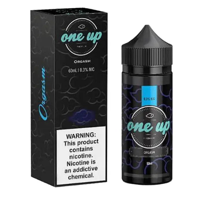 E-liquid bottle and packaging for a vaping product called ’One Up’ in black and teal colors.