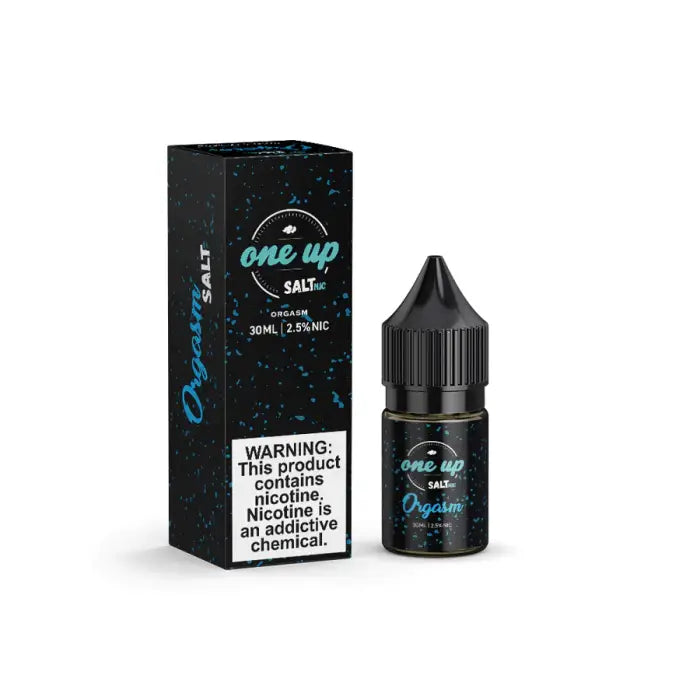 E-liquid bottle and packaging for a vaping product called ’One Up Salt’.