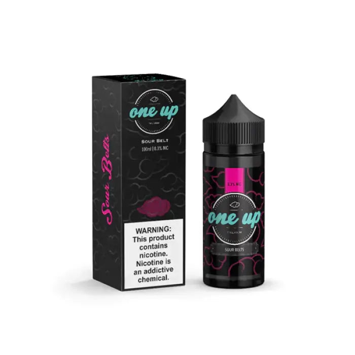 E-liquid bottle and packaging for a vape product called ’One Up’ in black and neon colors.