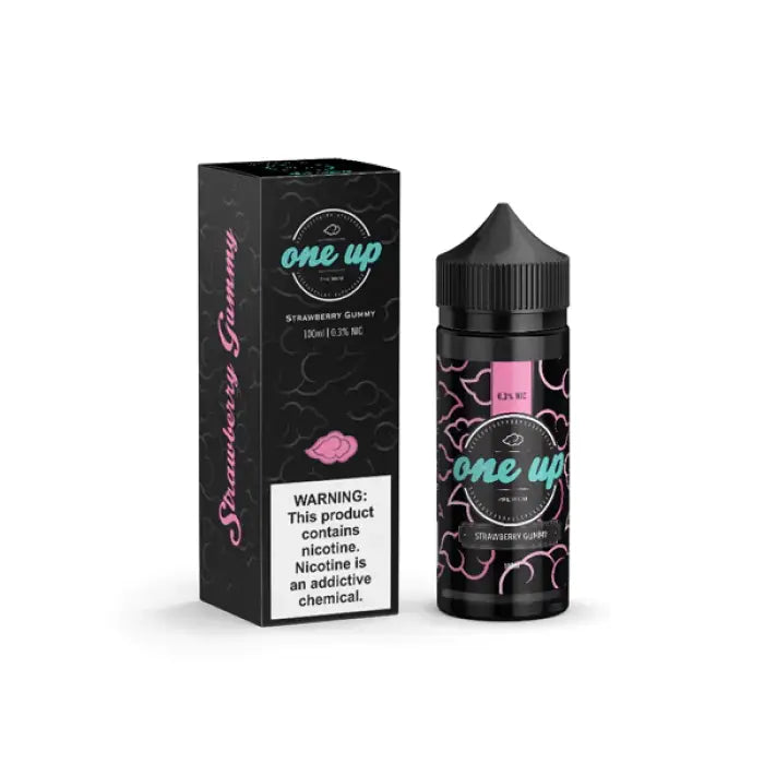 E-liquid bottle and packaging for a vape product called ’One Up’ in strawberry flavor.