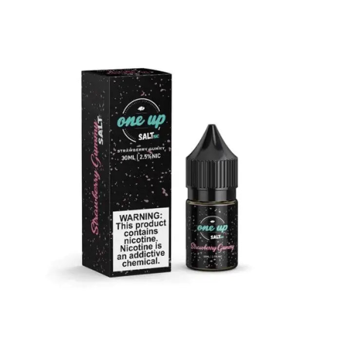 E-liquid bottle and packaging for ’One Up’ brand nicotine salt vape juice.