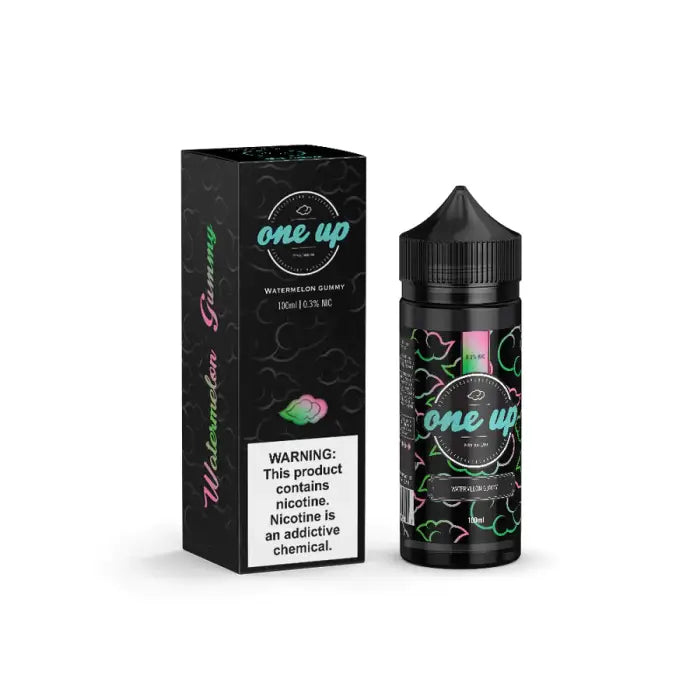 E-liquid bottle and packaging for a vape product called ’One Up’ with a watermelon flavor theme.