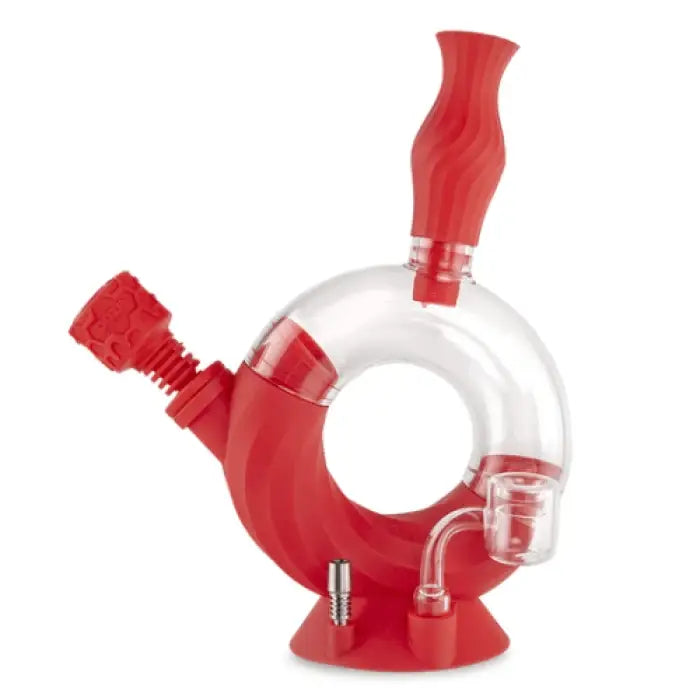 Circular red and clear glass water pipe with two mouthpieces.