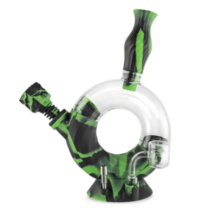 Circular glass water pipe with green and black camouflage-style design.