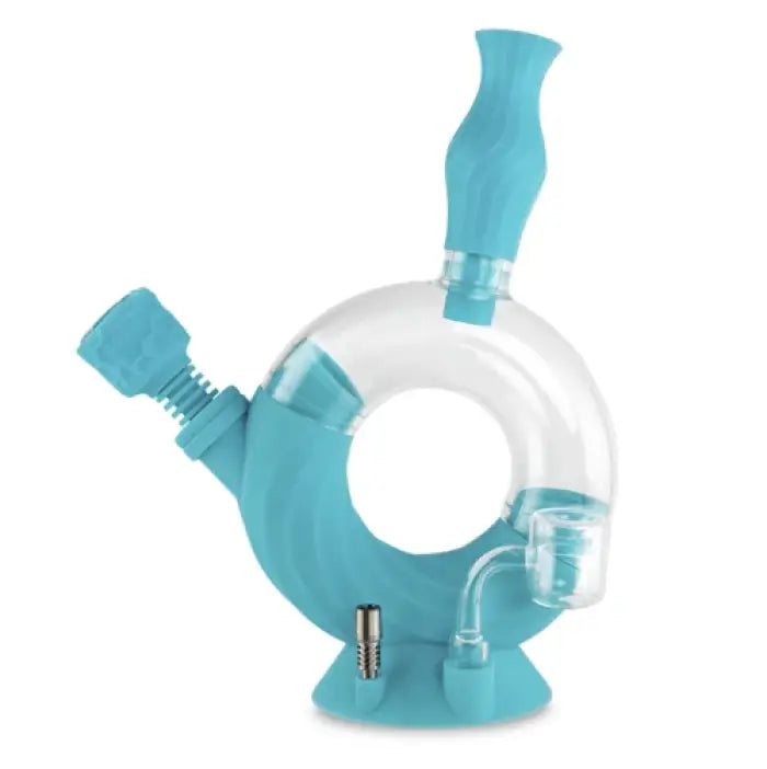 Circular water pipe with multiple turquoise attachments and openings.