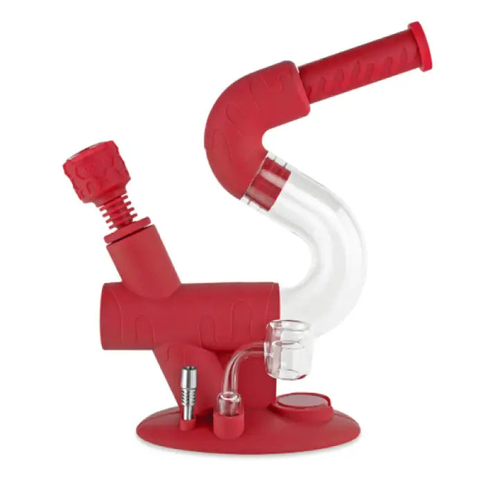 Red and clear glass water pipe with a curved neck and base stand.