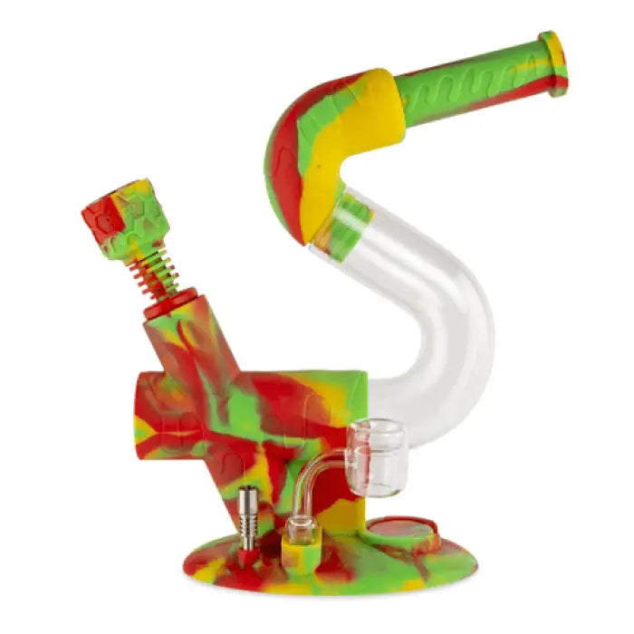 Colorful glass water pipe with a curved neck and abstract rasta-inspired design.