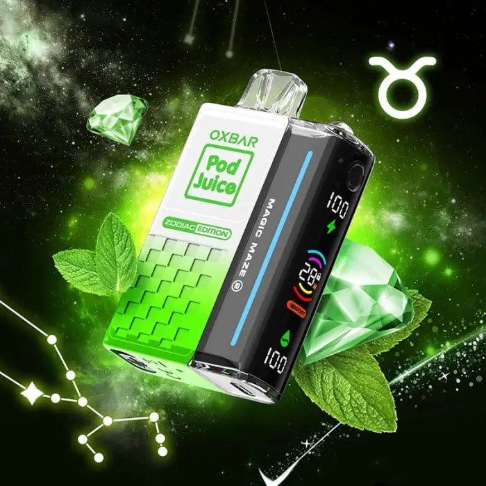 Vape device or e-cigarette with ’Oxbar Pod Juice’ branding in green and white.