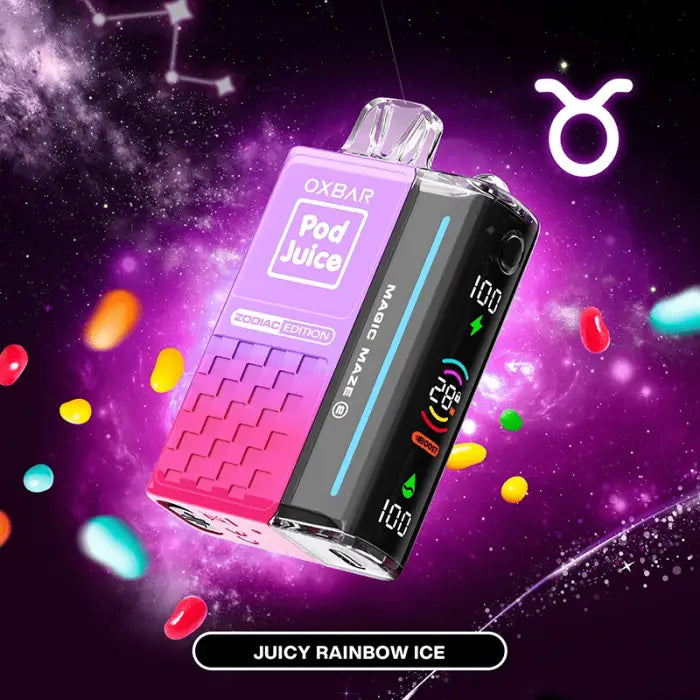 Electronic vaping device with a pink and black design featuring ’Pod Juice’ branding.