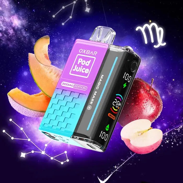 Colorful electronic vaping device or e-cigarette labeled ’Pod Juice’ against a cosmic backdrop.