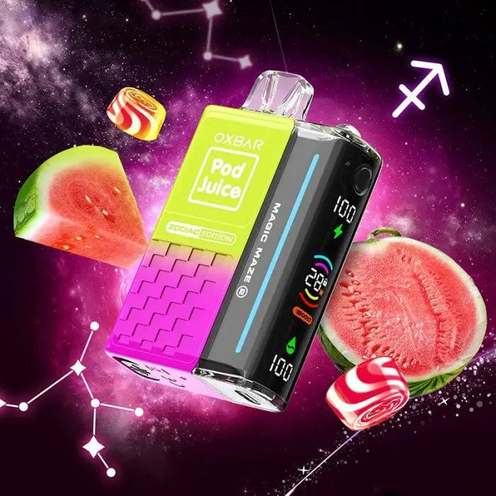 Colorful electronic vaping device with a bright green panel displaying ’Break Paw Juice’.