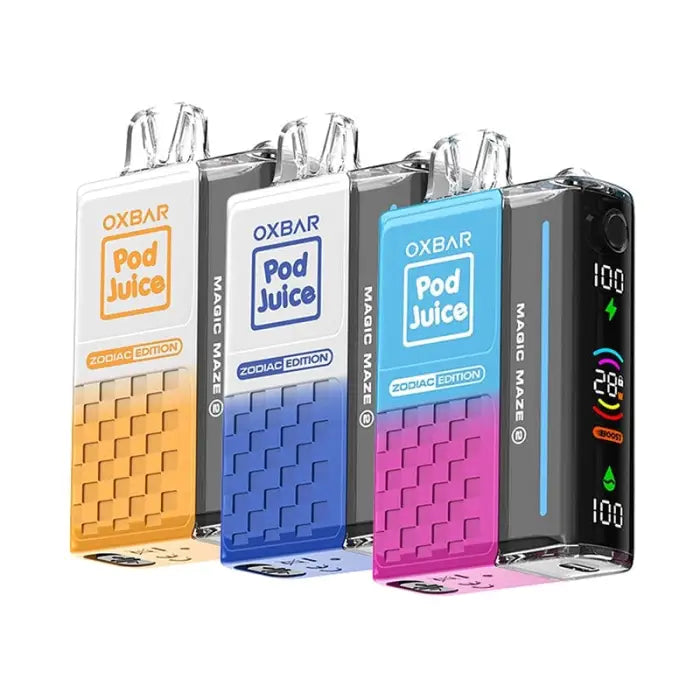 Colorful electronic vaping devices or e-cigarettes labeled ’Oxbar Pod Juice’ in yellow, blue, and pink.