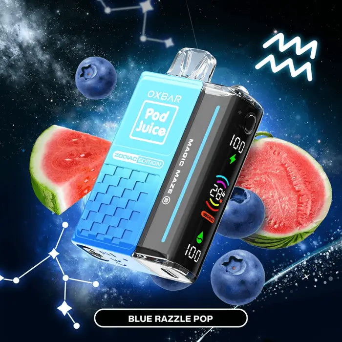 Electronic vaping device with a blue and black design featuring ’Blue Razzle Pop’ flavor.