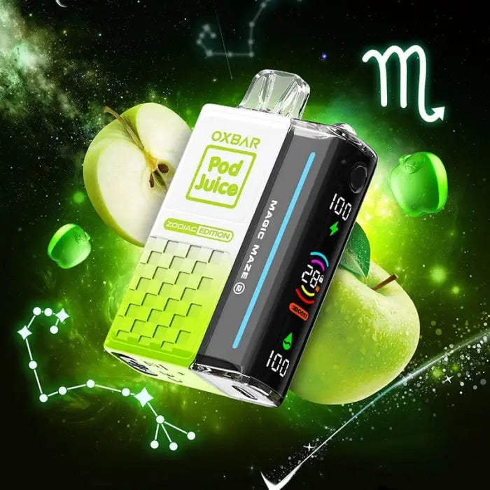 Vape device with ’Pod Juice’ branding alongside a sliced green apple.