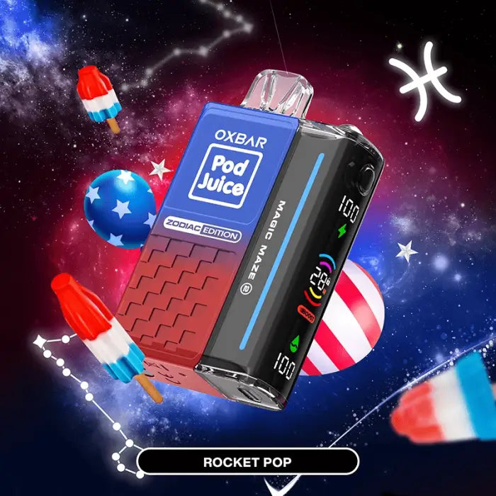 Electronic vaping device with ’Pod Juice’ branding in a blue and red color scheme.