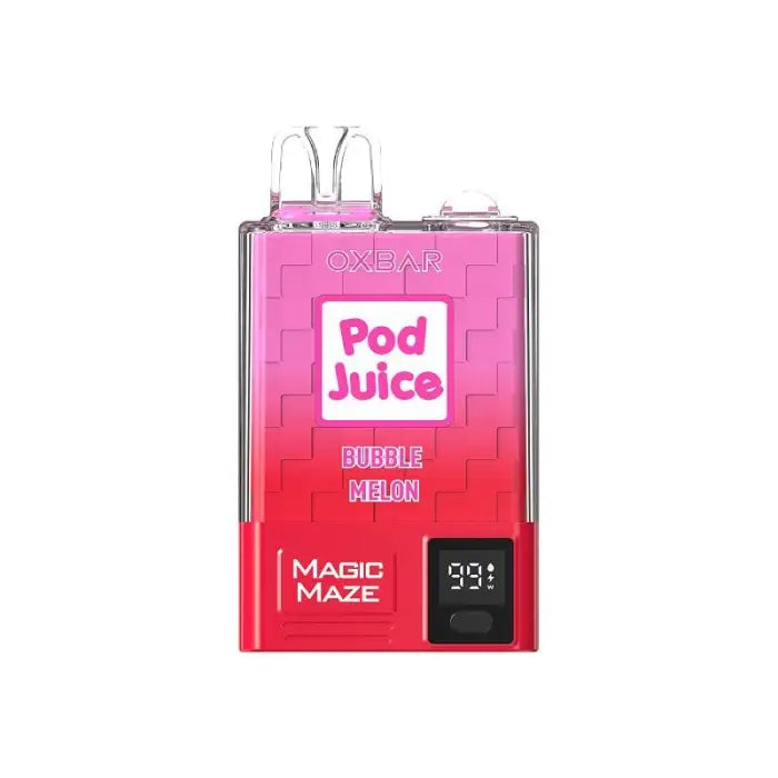 Pink and red electronic vaping device labeled ’Pod Juice’ with a digital display.