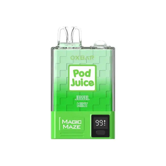 Green and clear vaping device labeled ’Pod Juice’ with a digital display.