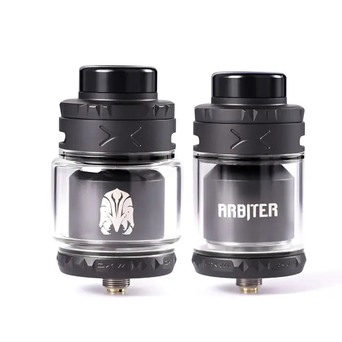 Two vaping atomizers or tanks with black tops and glass bodies, one labeled ’Arbiter’.