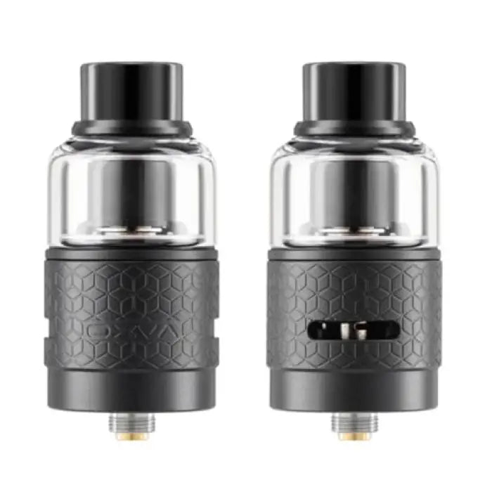 Vaping atomizers or tanks with glass sections and textured metal bases.