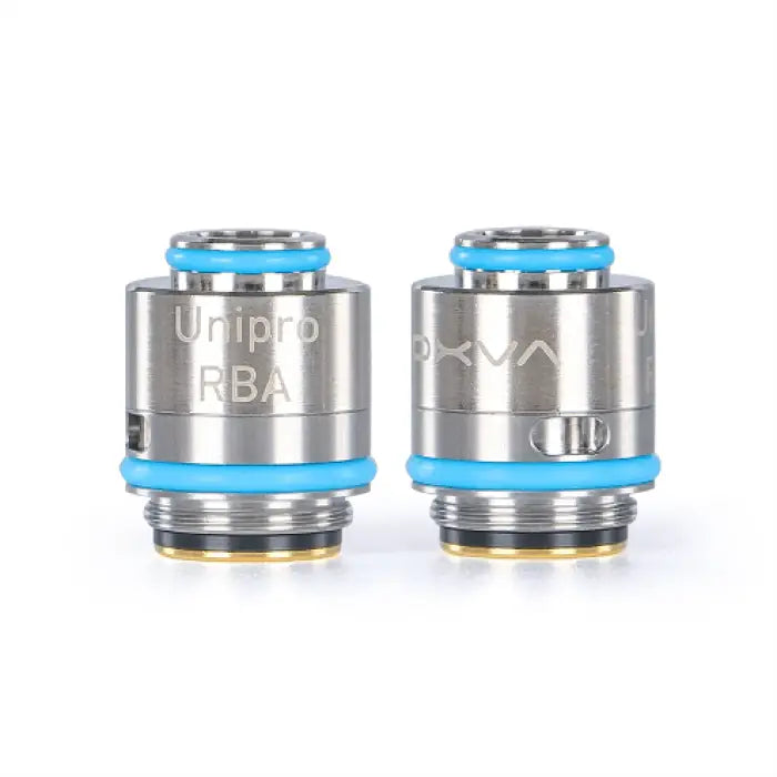 Two cylindrical metal vaping coils or atomizer heads with blue accents and engraved text.