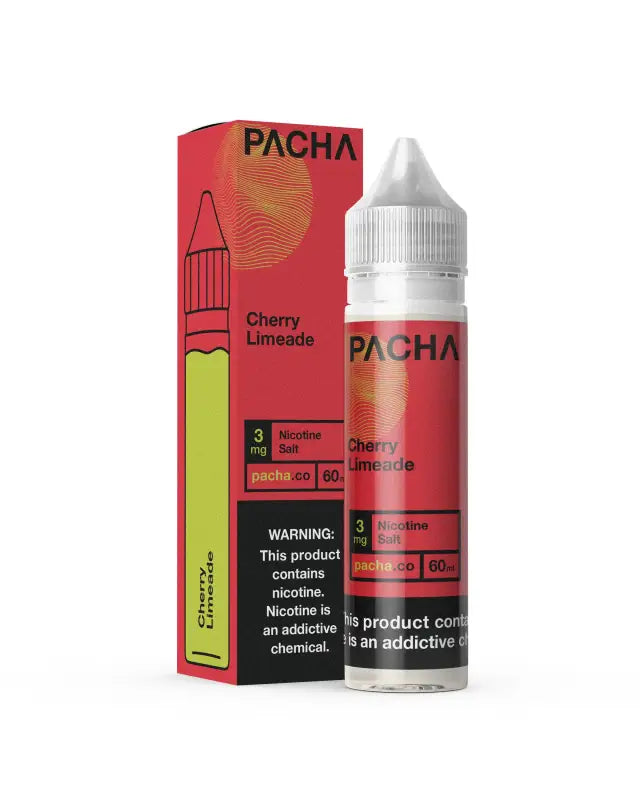 E-liquid bottle for vaping labeled ’PACHA’ in Cherry Limeade flavor.