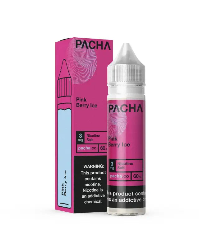 E-liquid bottle and packaging for Pacha Pink Berry Ice flavor.