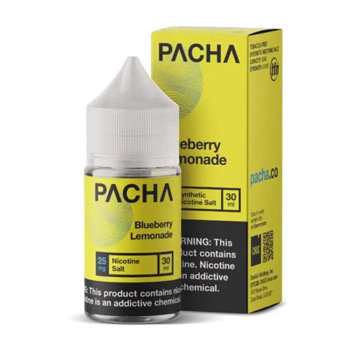 Bottle of Pacha Blueberry Lemonade e-liquid with its packaging box.