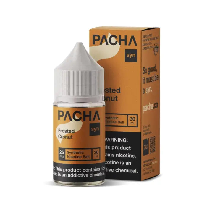 Bottle and packaging for Pacha brand ’Frosted O’nut’ vape liquid or e-juice.