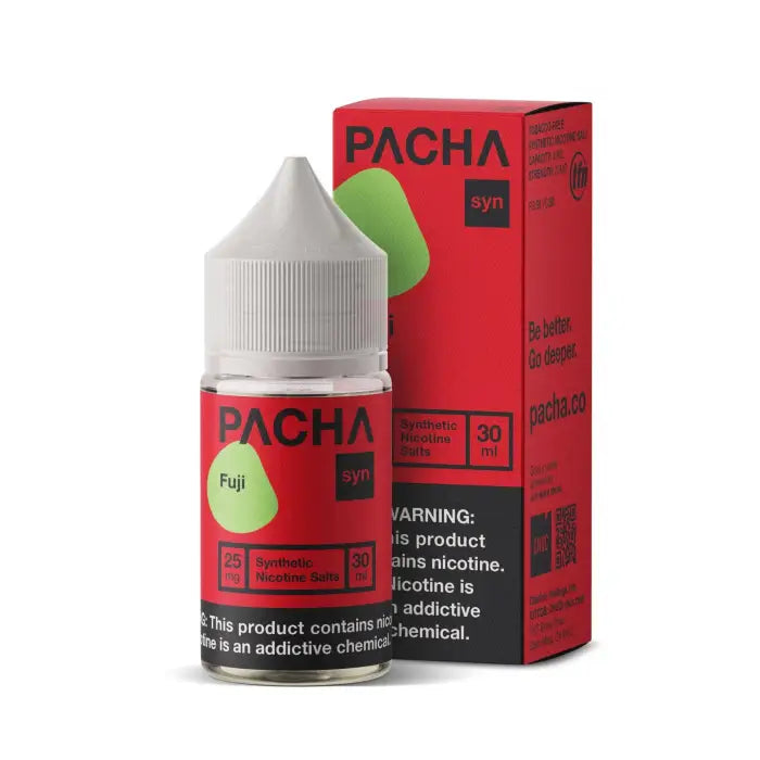 Bottle of Pacha Fuji e-liquid with its red packaging box.