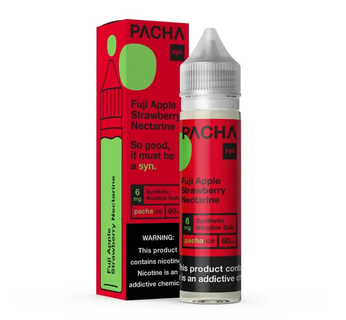 E-liquid bottle and packaging for Pacha brand, featuring a Fuji Apple, Strawberry, and Nectarine flavor.