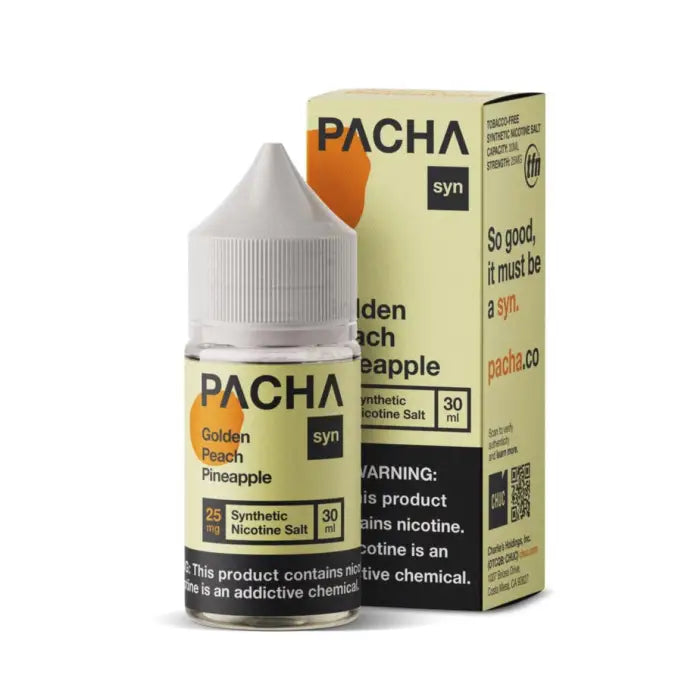 Bottle of Pacha brand e-liquid with peach and pineapple flavor, accompanied by its product packaging box.