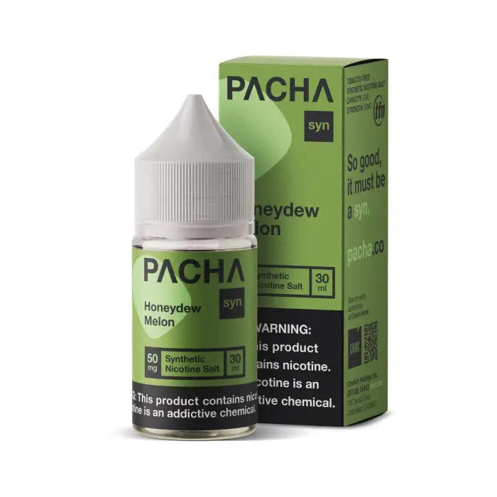 Bottle of Pacha brand e-liquid in Honeydew Melon flavor with its packaging box.