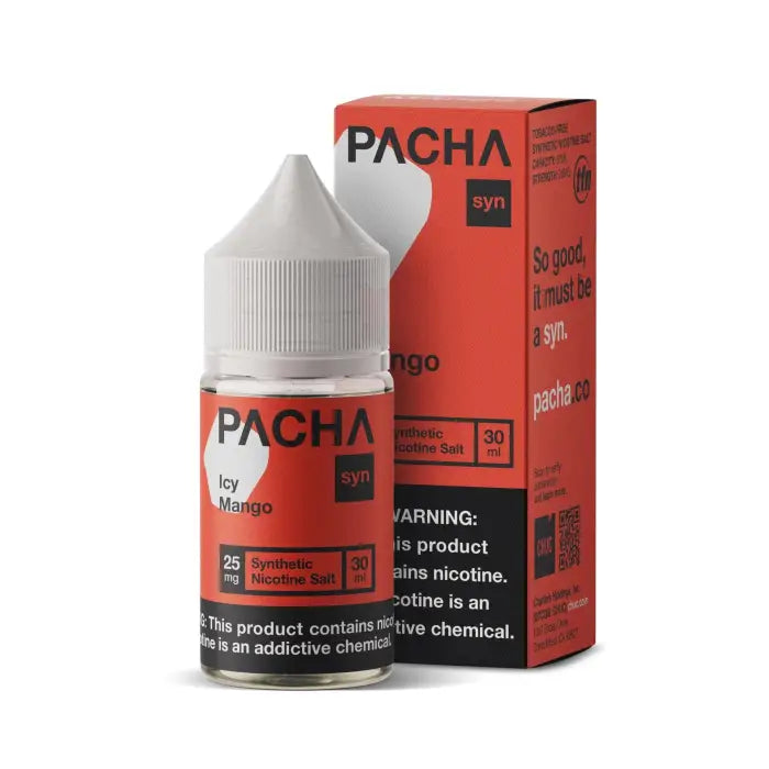 Bottle and packaging for Pacha brand e-liquid in Icy Mango flavor.