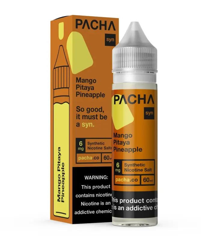 E-liquid bottle and packaging for Pacha brand’s Mango Pitaya Pineapple flavor.