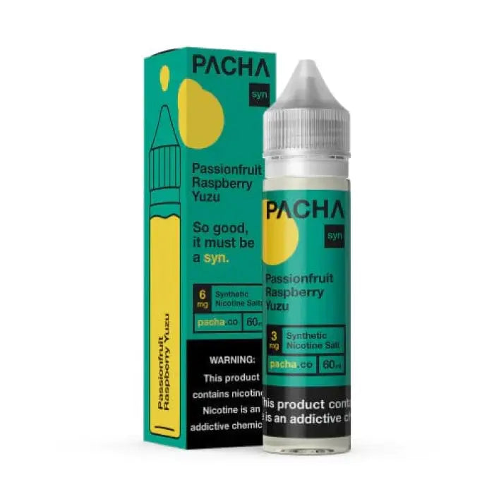 E-liquid bottle and its packaging for a vape product called Pacha, featuring passionfruit, raspberry, and yuzu flavors.