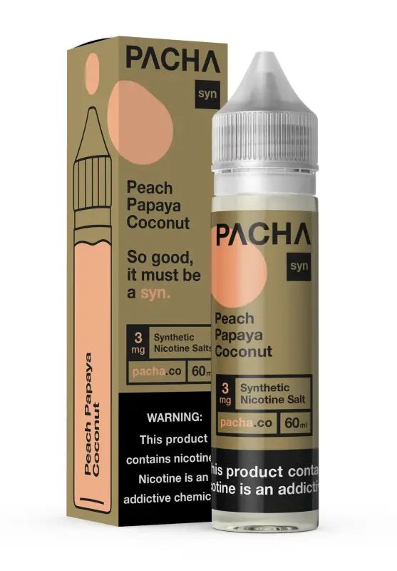 E-liquid bottle and packaging for a peach, papaya, and coconut flavored vape juice by the brand Pacha.