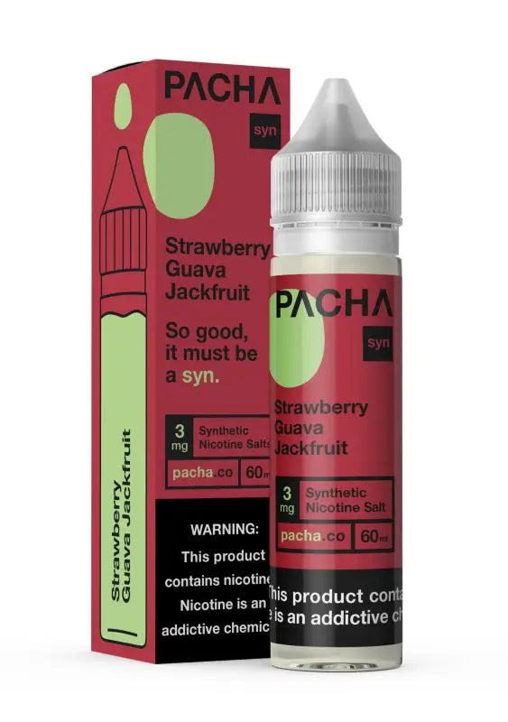 E-liquid bottle and packaging for Pacha brand’s Strawberry Guava Jackfruit flavor.