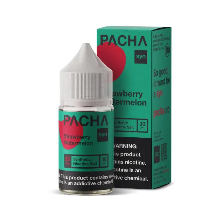 Bottle and packaging of Pacha brand strawberry watermelon flavored e-liquid for vaping.