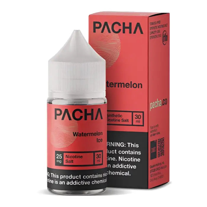 Bottle of Pacha watermelon-flavored nicotine e-liquid with its product packaging.