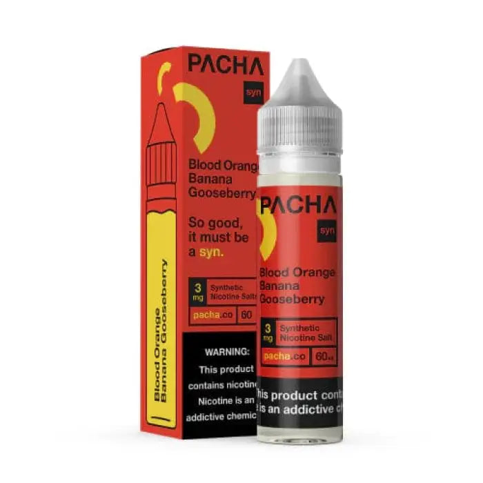 E-liquid bottle and packaging for ’Pacha’ brand vape juice in Blood Orange Banana Gooseberry flavor.