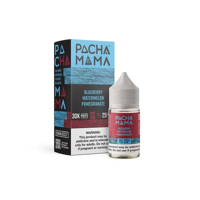 E-liquid bottle and packaging for Pacha Mama’s Blueberry Watermelon Pomegranate flavor.