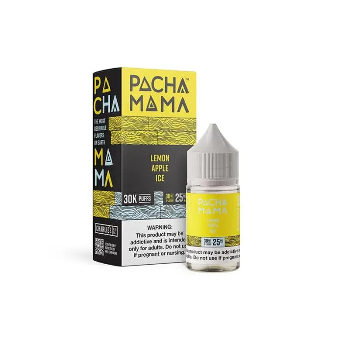 E-liquid bottle and packaging for Pacha Mama’s Lemon Apple Ice flavor.