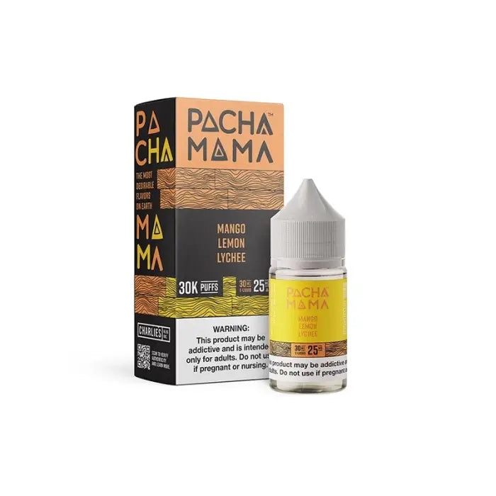 E-liquid bottle and packaging for Pacha Mama brand, featuring mango, lemon, and lychee flavors.