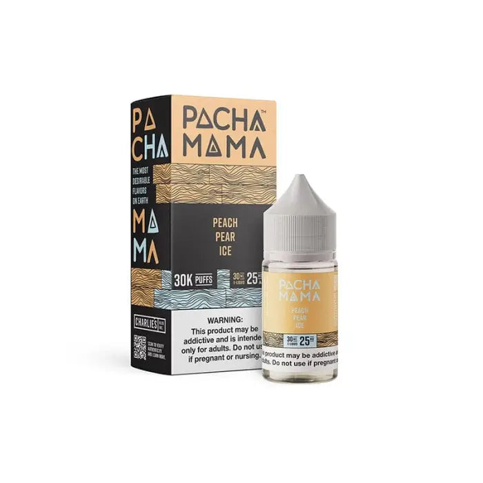 E-liquid bottle and packaging for Pacha Mama brand, featuring peach and pear ice flavor.