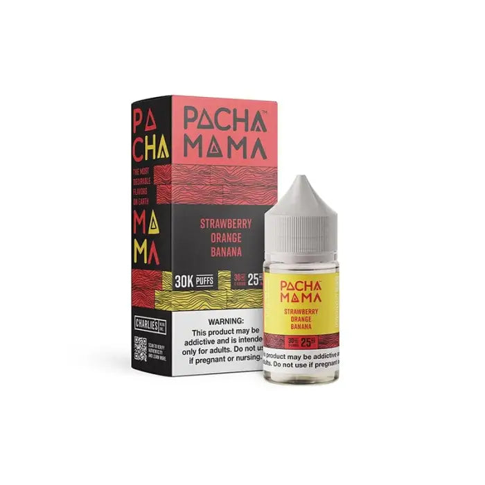 Bottle of Pacha Mama strawberry guava e-liquid with its packaging box.