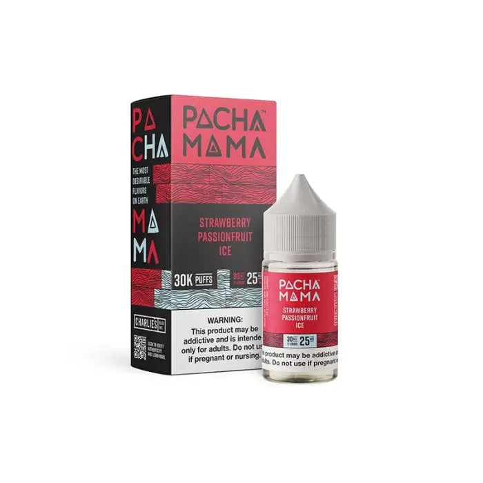 Bottle of Pacha Mama strawberry passionfruit ice e-liquid with its packaging box.