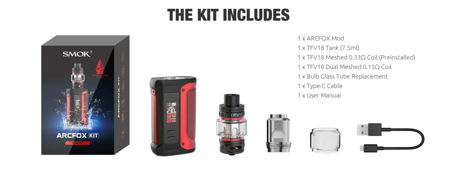 Vaping device kit featuring Smok Arcfox 230W, TFV18 tank, and tri-proof box mod accessories.